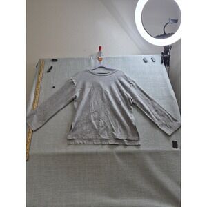 Black Friday Top Women Heather Gray Pearl Accent Shoulder Side Slit High Low Hem